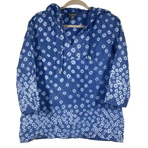 Tommy Bahama 100% Linen Hoodie Womens M Blue Batik Geometric Tunic Resort Beach